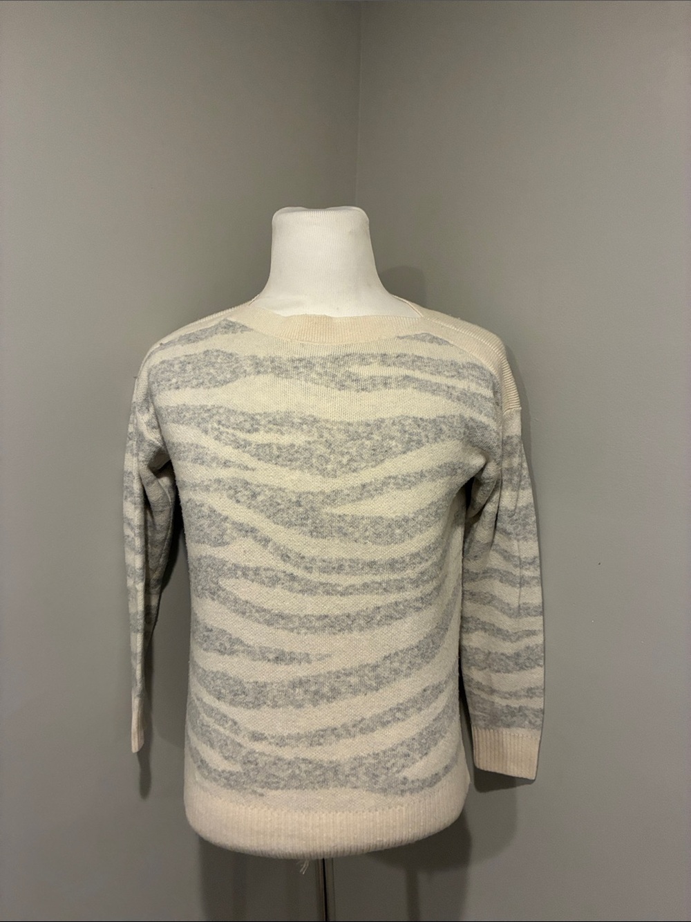 LOFT Cream and Gray Zebra-Stripe Crewneck Sweater